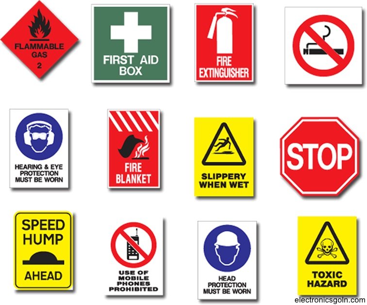 ওয়ার্কশপের দেয়ালে বিভিন্ন ধরনের নিরাপত্তার প্রতীক সম্মিলিত সতর্কতার নির্দেশনা